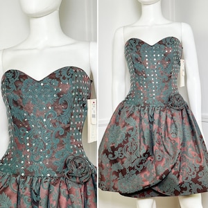 Small Size 8 1990&#39;s Vintage Copper and Teal Jacquard Strapless Sequined Mini by Scott McClintock NWT