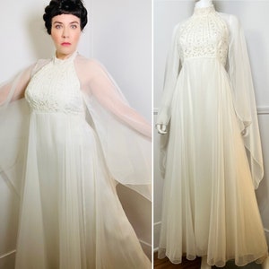 Small 1970s Vintage White Beaded Halter Gown with Attached Cape Train by House of Bianchi image 1