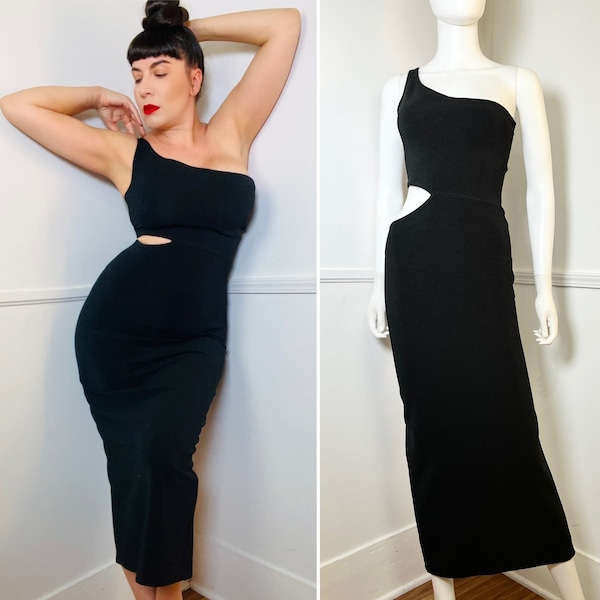 Medium to Large 1990s Vintage Black Lycra Cut Out Body Con Dress by Hugo Buscati