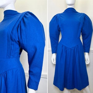 Medium 1980&#39;s Vintage Blue Wool Dress with Dramatic Sleeves