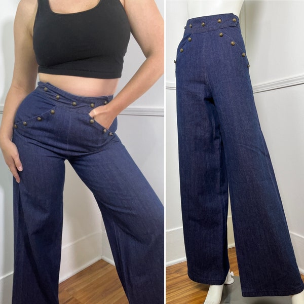 Large 31 Waist 1970's Vintage Blue Denim Wide Leg Sailor Style Jeans