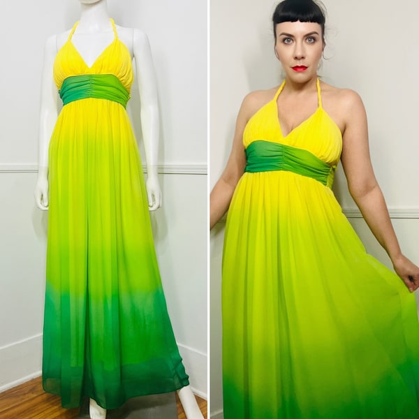 Medium Y2K Vintage Yellow and Lime Ombré Maxi Gown by XOXO