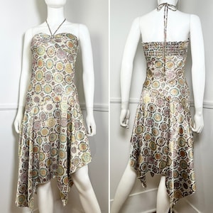 Small  Y2K Vintage Mint Green Medallion Print Halter Dress with Handkerchief Hem by Speechless