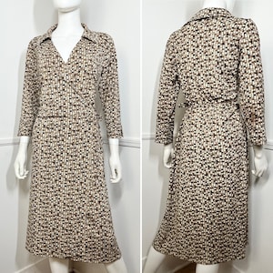 Large 1990s Vintage Tan and Brown Geometric Print Wrap Dress