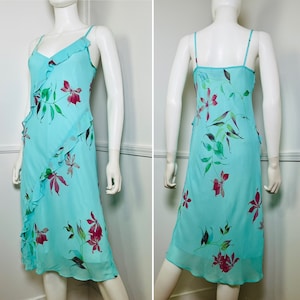 Medium Size 6 1990s Vintage Aqua Floral Bias Cut Slip Dress by Carole Little