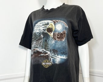 Large 1980s Vintage Harley Davidson Eagle and Wolf Single Stitch Black Cotton Tee