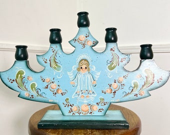 1970's Vintage Hand Painted Wooden Candleholder