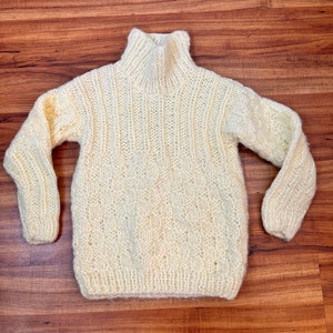 Kids Size 4T to 5 1980&#39;s Vintage HAND KNIT Lemon Yellow Turtle Neck Sweater