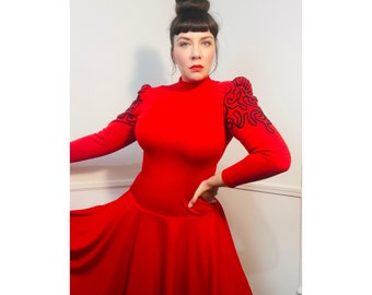 Mittlere Größe 8 1980s Vintage Pullover-Kleid in Rot und Schwarz von Warren Petites