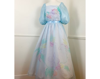 Large 1980's Vintage Baby Blue Watercolor Floral Ethereal Gown