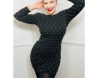 Curvy Large to Extra Large 1990s Vintage Black Pearl Beaded Body Con Mini Dress by Et Al