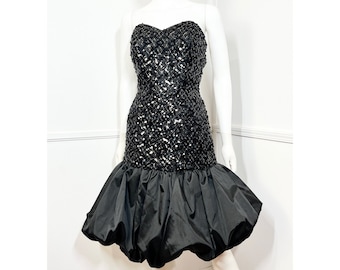 Small 1980s Vintage Black Sequined Bubble Mini Dress by Patricia