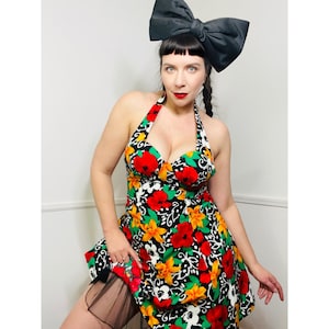 Small to Medium 1990s Vintage Black and White Floral Halter Mini Dress by DBA LA