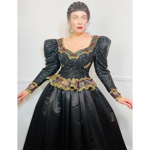 Medium 1980s Vintage schwarze Perlen Schößchen Ballkleid von Fabrice