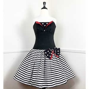Small 1980&#39;s Vintage Black-White-Red Striped Strapless Party Dress by Huey Waltzer for I. Magnin