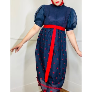 Large 1960s Vintage Navy Blue and Red Polka Dot Empire Waist Dress