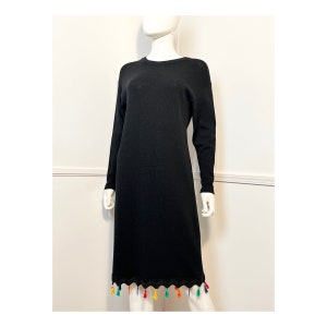 Medium to Large 1990s Vintage Black Sweater Dress with Tassel Scalloped Hem by Helen Hsu