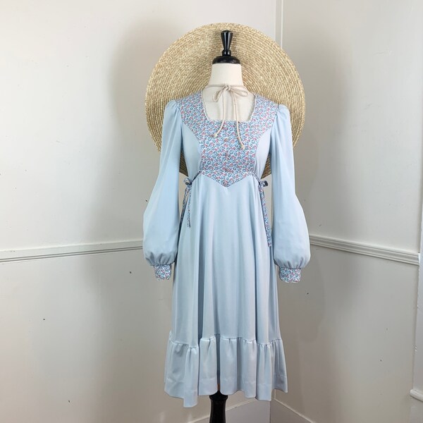 1970's Vintage Baby Blue Floral Side-Tie Prairie Dress | Bust 34" | Waist 29" un-tied | Hips 48" | Small to Medium | Cottagecore