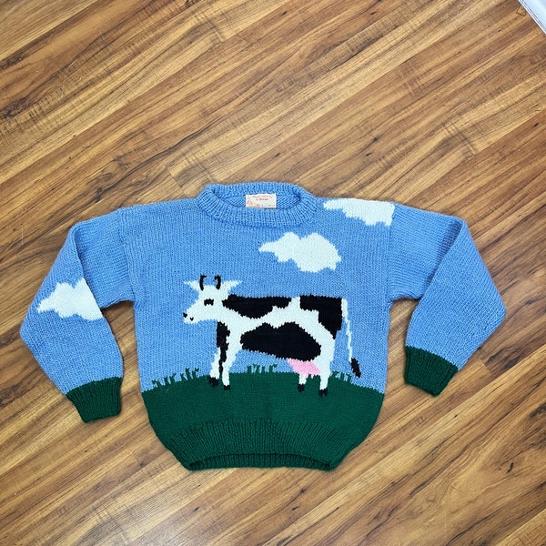 Childrens Size 7-8 | 1980's Vintage Novelty Cow Hand Knit Sweater