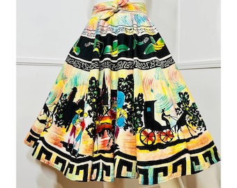 26 Waist Small 1950s Vintage Cotton Hand Painted Mexican Circle Skirt by Creaciones Naitan