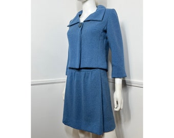 Extra Small - 1960s Vintage Blue Wool Skirt Suit by Joseph Magnin -Forstmann Wool