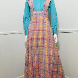 Vestido largo estilo pichi a cuadros rosa vintage de los años 70, talla pequeña a mediana imagen 2