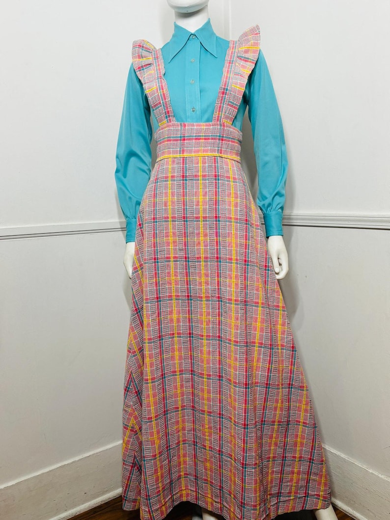 Vestido largo estilo pichi a cuadros rosa vintage de los años 70, talla pequeña a mediana imagen 2