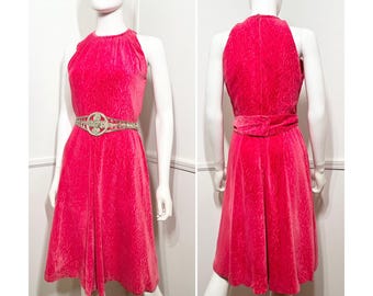 Medium | 1960s Vintage Hot Pink Velvet Dress by Lady Colony