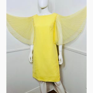 Small to Medium 1960s Vintage Lemon Yellow Chiffon Angel Sleeve Dress by Miss Elliette