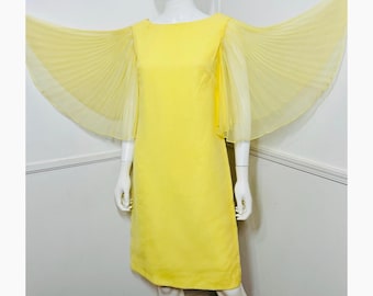 Small to Medium 1960s Vintage Lemon Yellow Chiffon Angel Sleeve Dress by Miss Elliette