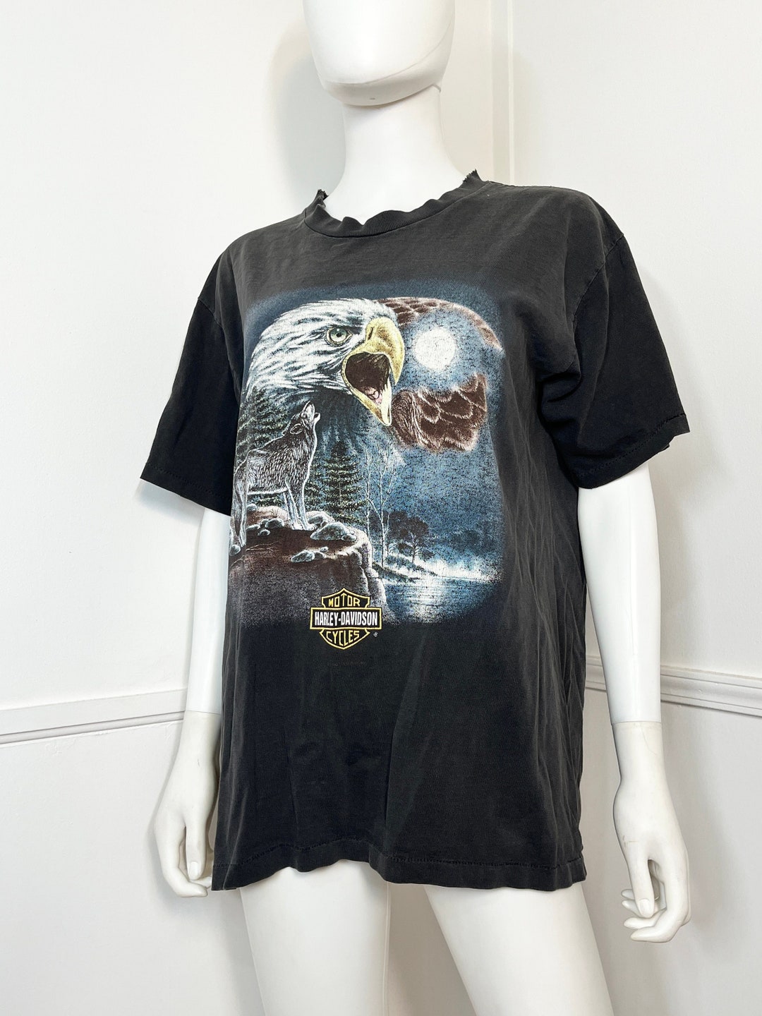 Large 1980s Vintage Harley Davidson Eagle and Wolf Single Stitch