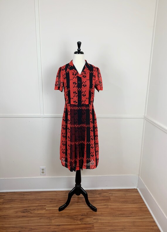 Vintage 1970's Red and Black Sheer Chiffon Dress |