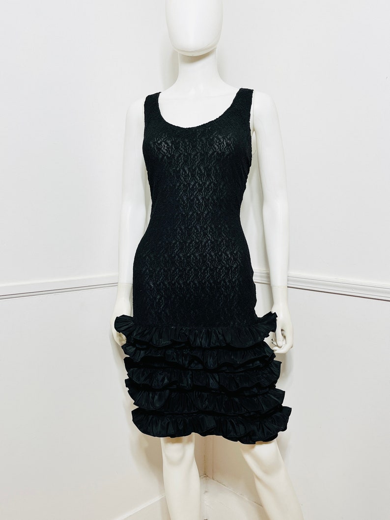 Large 1980s Vintage Black Illusion Lace and Ruffle Body Con Dress image 2