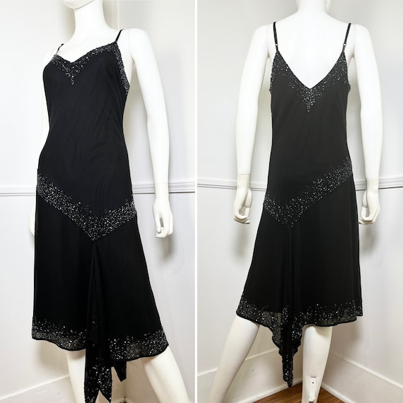 Small Size 6 1990's Vintage Black Beaded Bias Cut… - image 1