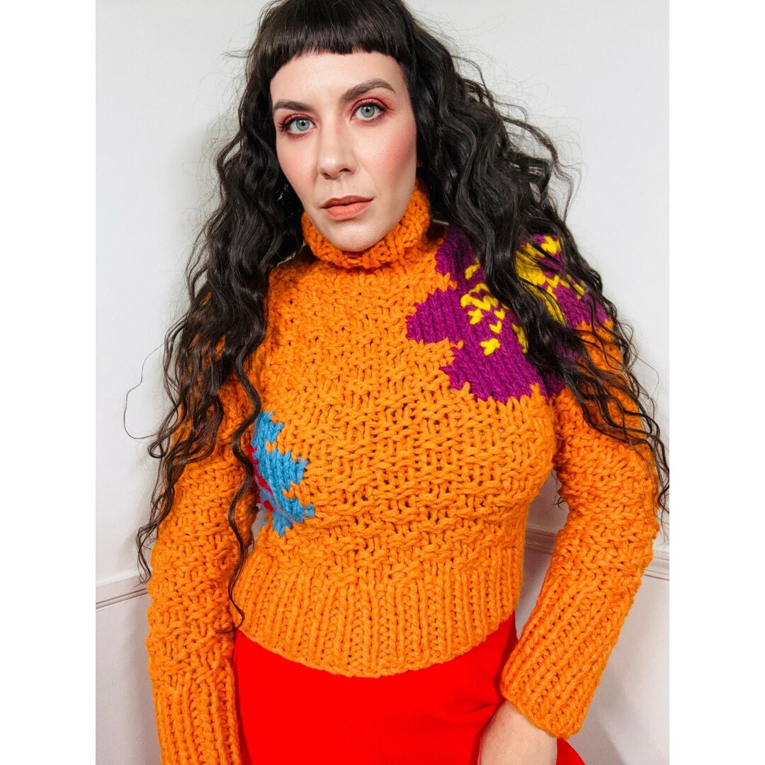 Medium 1990s Vintage Orange Floral Chunky Knit Sweater by Lucky