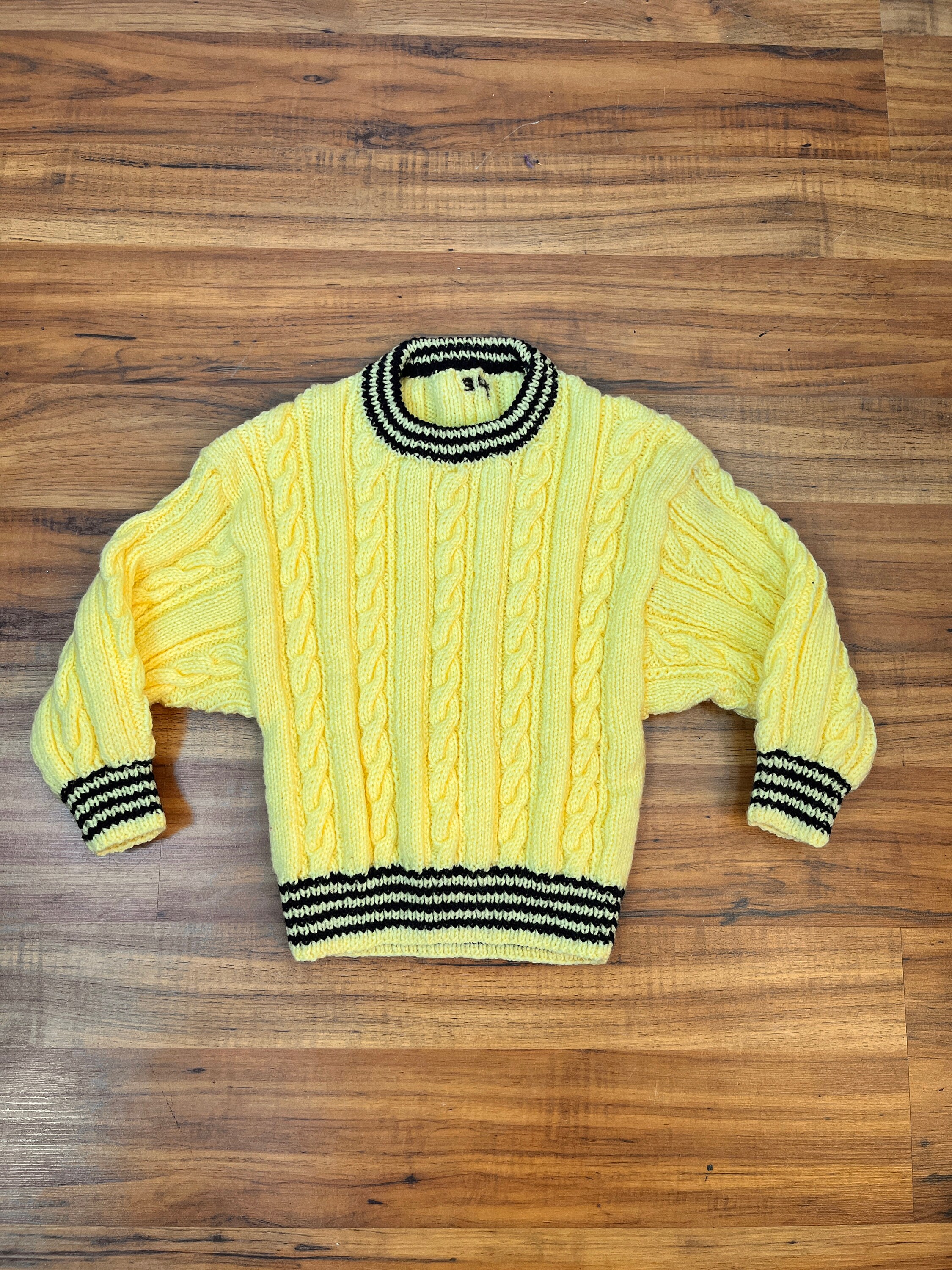 Toddler Size 4T 1980's Vintage HAND KNIT Yellow and Navy Cable knit Sweater