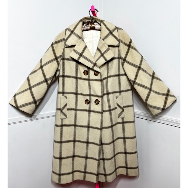 Large 1960s Vintage Winter White Wool Plaid Coat by Livingston Bros.