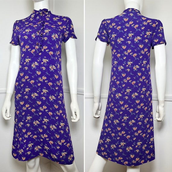 Small 1970's Vintage Purple Rayon Crepe Floral Sh… - image 1