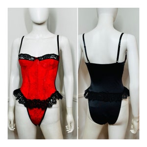 Small 1980s Vintage Red and Black High Cut Teddy by National Corset