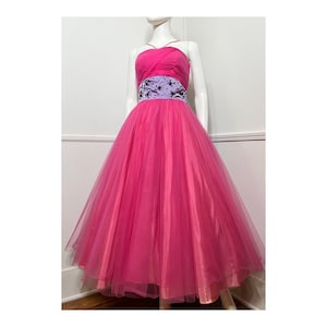 Extra Small 1960s Vintage Hot Pink Tulle Cupcake Formal Gown by Cameo Evenings