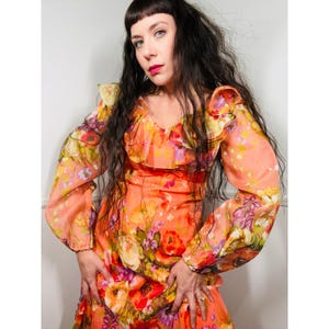 Extra Small to Small 1970s Vintage Coral Floral Flounced Maxi Gown