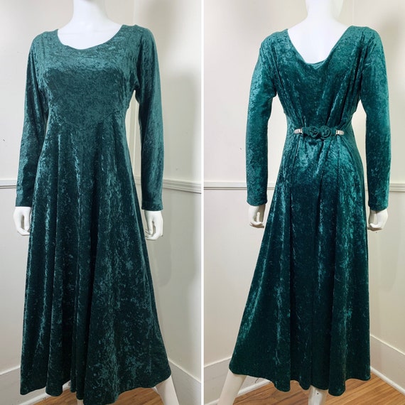 90/'s Vintage Forest Green Crushed Velvet Grunge Dress Gothic Long Sleeve Full Length Dress Modern Witch Dress Size Large