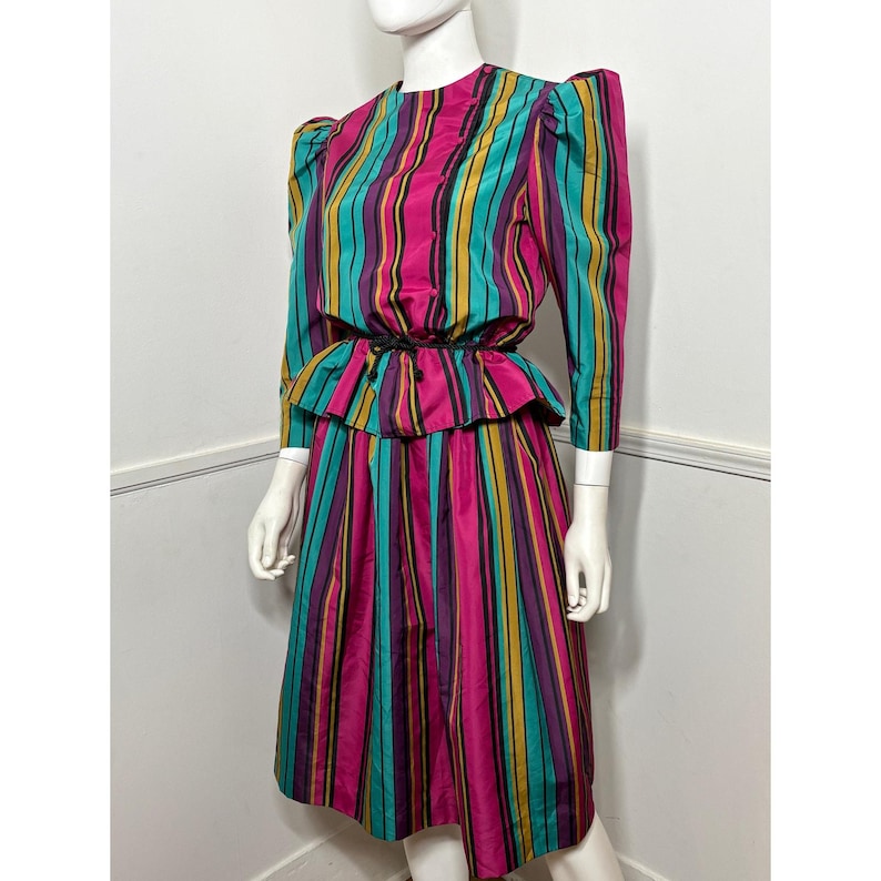 1980s Vintage Striped Peplum Top and Skirt Set image 1