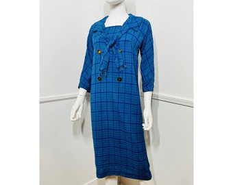 Small Early 1960s Vintage Blue Cotton Plaid Dress