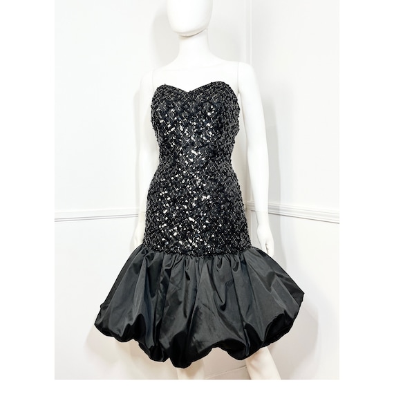 black sequin bubble dress Black Pleated Off Shoulder Bubble Hem Strapless Sequin Mini Dress M / Black