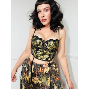 Mittelgroßes 1980er Jahre Vintage Schwarz-Gelbes Spitzen-Bustier mit Strumpfhaltern von Juliara