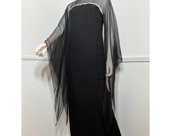 Small 1960s Vintage DEADSTOCK Black Silk Angel Sleeve Gown by Tee-Ca