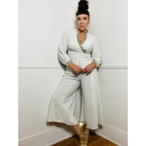 Medium 1960s Vintage Silver Lurex Sequined Palazzo Jumpsuit
