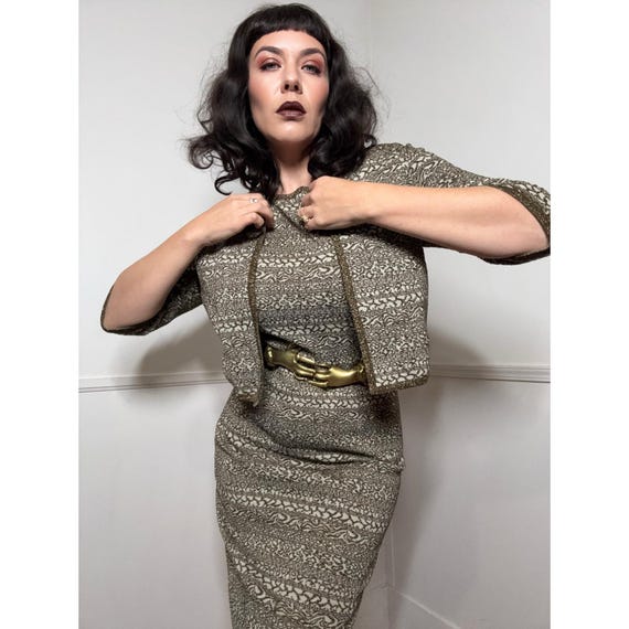 Medium to Large 1960s Vintage Metallic Jacquard Dress and Cardigan by Tannl Medium to Large 1960s Vintage Metallic Jacquard Dress and Cardigan by Tannl