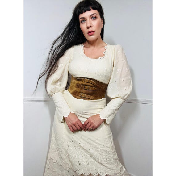 Small 1970s Vintage Cream Eyelet Lace Prairie Maxi Dress